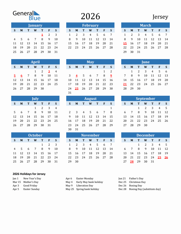 Printable Calendar 2026 with Jersey Holidays (Sunday Start)