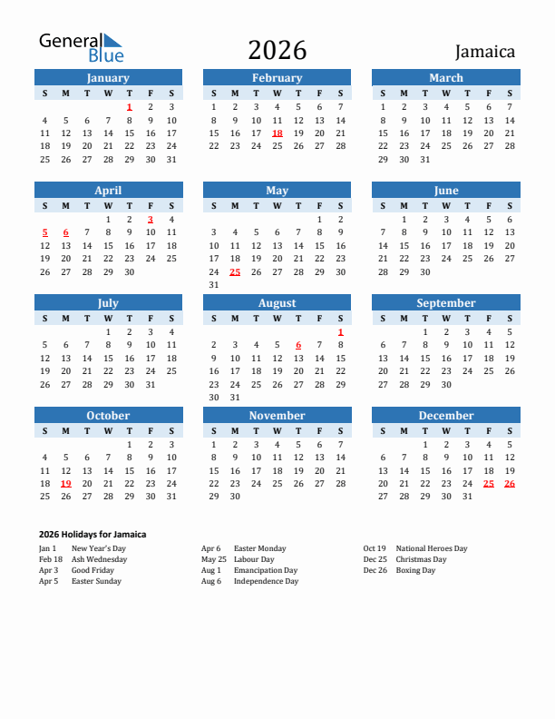 Printable Calendar 2026 with Jamaica Holidays (Sunday Start)