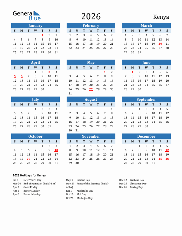 Printable Calendar 2026 with Kenya Holidays (Sunday Start)