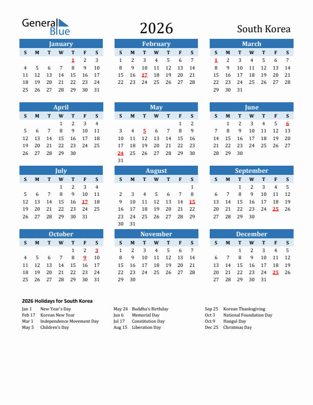 Printable Calendar 2026 with South Korea Holidays (Sunday Start)