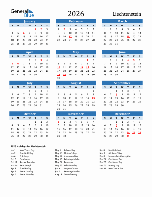 Printable Calendar 2026 with Liechtenstein Holidays (Sunday Start)
