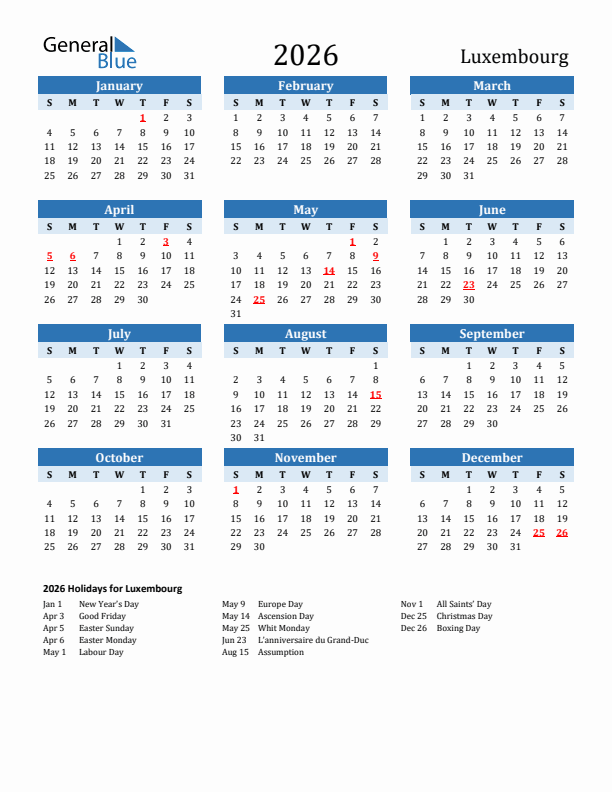 Printable Calendar 2026 with Luxembourg Holidays (Sunday Start)