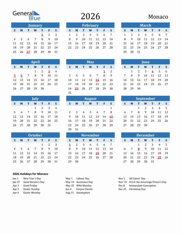 Printable Calendar 2026 with Monaco Holidays (Sunday Start)