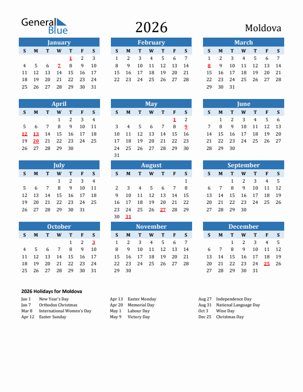 Printable Calendar 2026 with Moldova Holidays (Sunday Start)