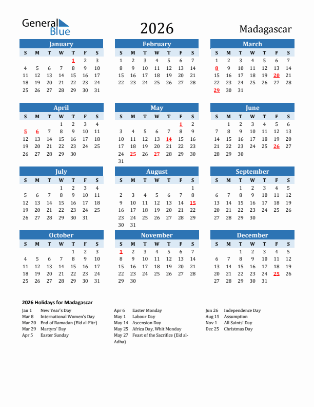 Printable Calendar 2026 with Madagascar Holidays (Sunday Start)