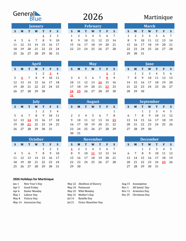 Printable Calendar 2026 with Martinique Holidays (Sunday Start)