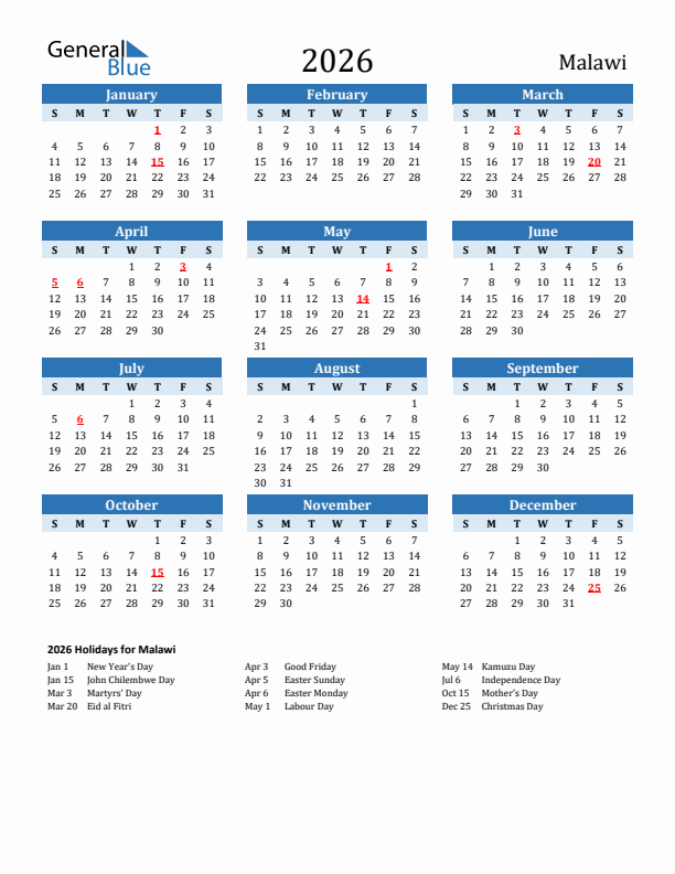 Printable Calendar 2026 with Malawi Holidays (Sunday Start)