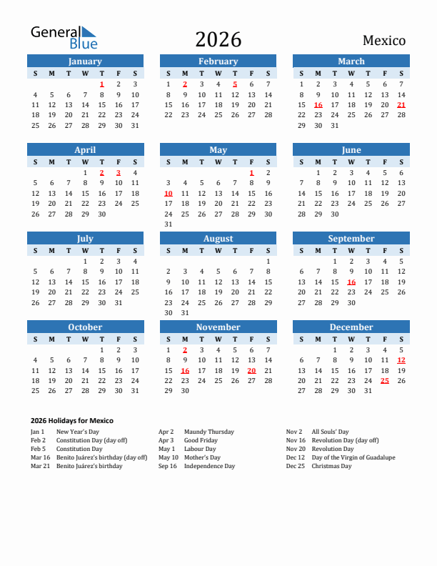 Printable Calendar 2026 with Mexico Holidays (Sunday Start)