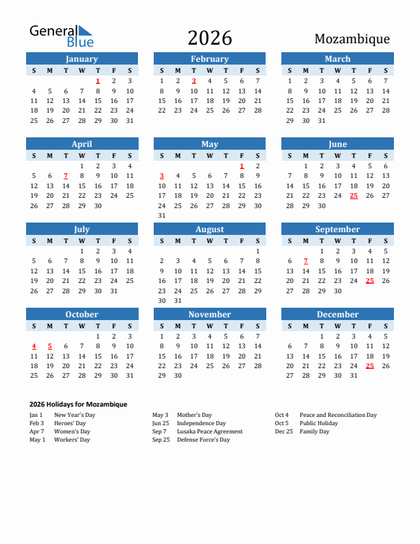 Printable Calendar 2026 with Mozambique Holidays (Sunday Start)