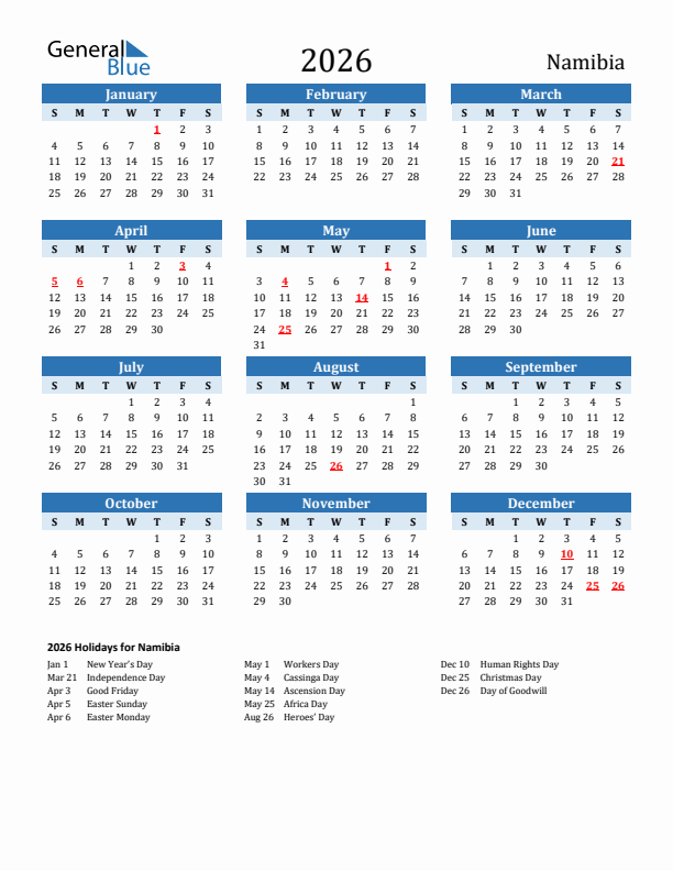 Printable Calendar 2026 with Namibia Holidays (Sunday Start)