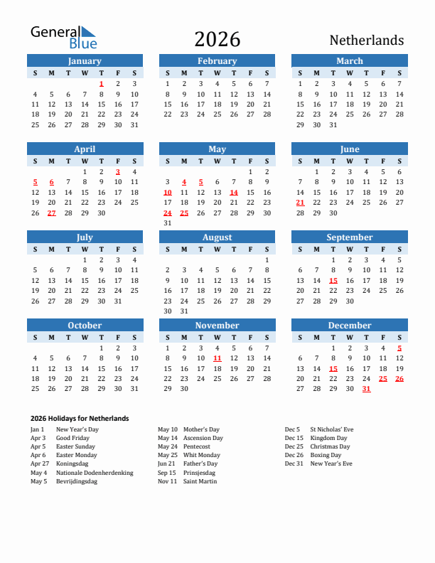 Printable Calendar 2026 with The Netherlands Holidays (Sunday Start)