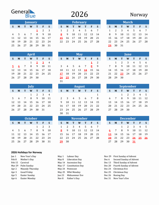 Printable Calendar 2026 with Norway Holidays (Sunday Start)