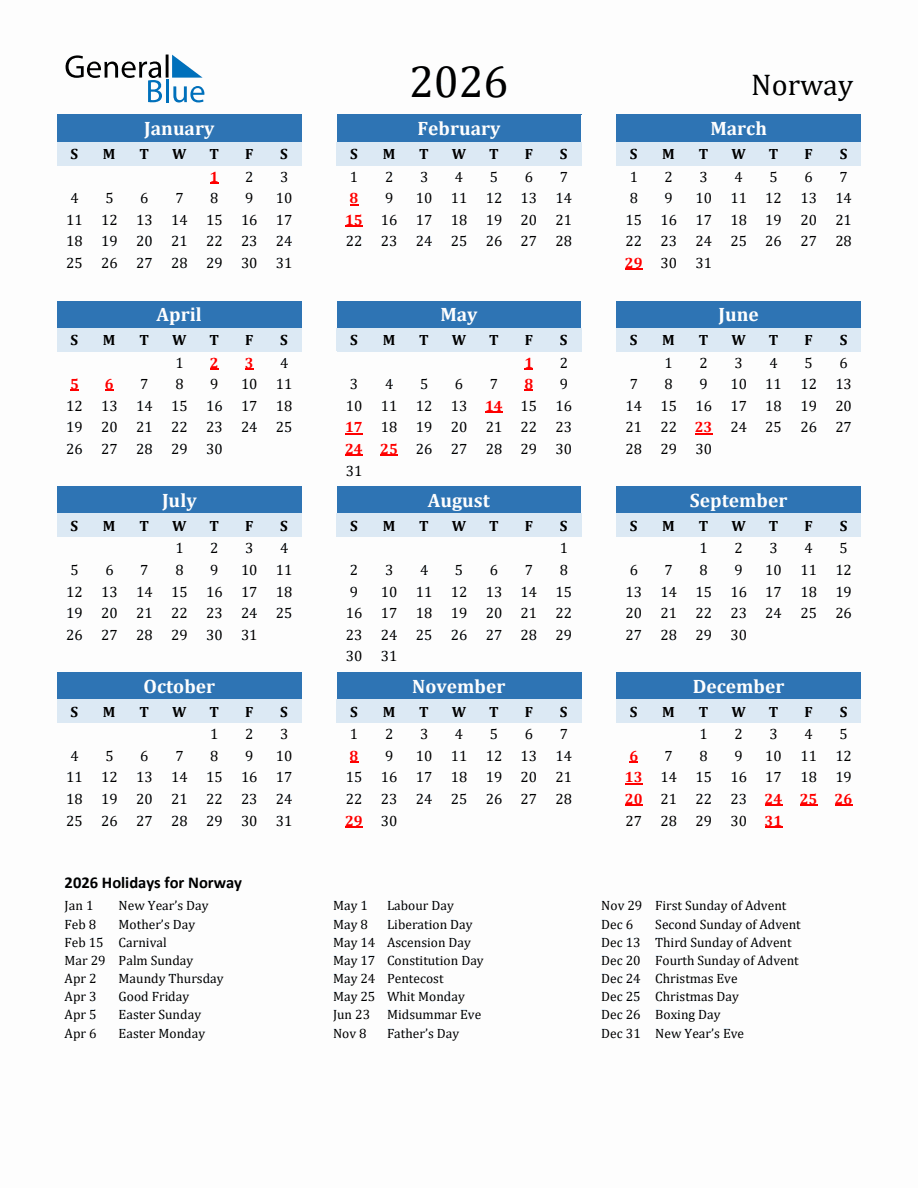 2026 Printable Calendar with Norway Holidays