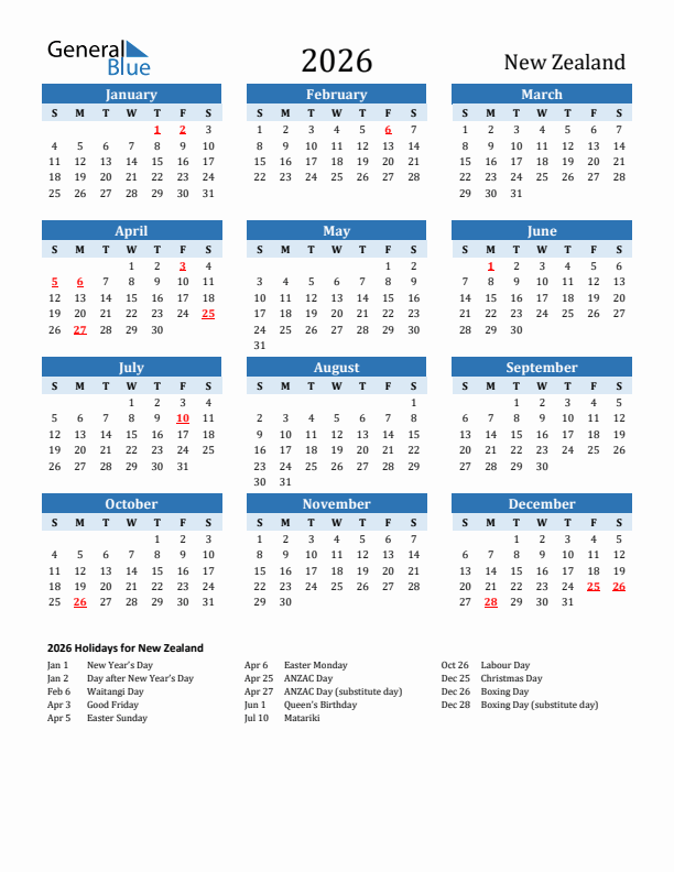 Printable Calendar 2026 with New Zealand Holidays (Sunday Start)