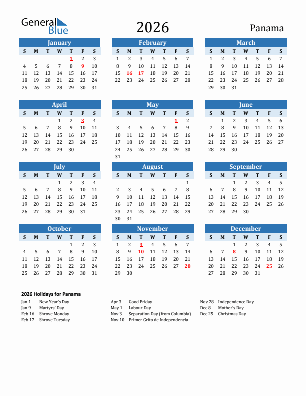 Printable Calendar 2026 with Panama Holidays (Sunday Start)