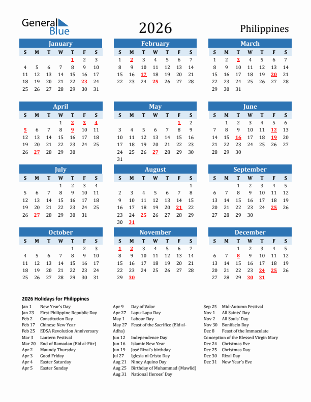 Printable Calendar 2026 with Philippines Holidays (Sunday Start)