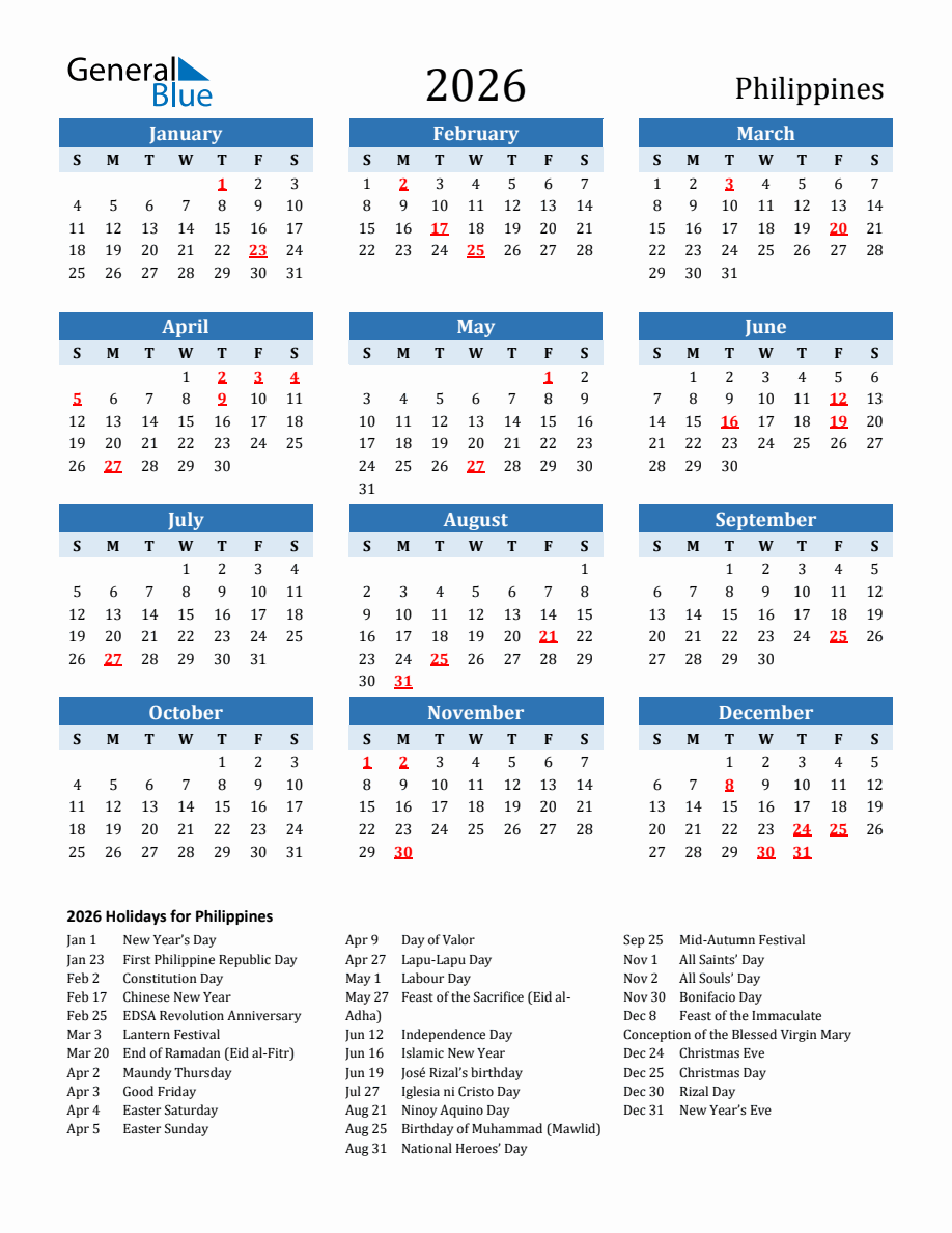 2026 Printable Calendar with Philippines Holidays