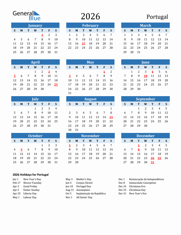 Printable Calendar 2026 with Portugal Holidays (Sunday Start)
