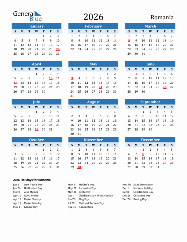 Printable Calendar 2026 with Romania Holidays (Sunday Start)
