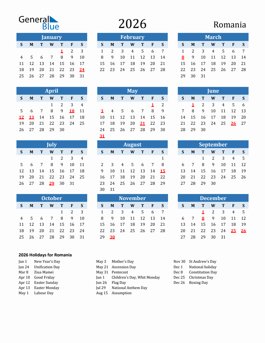 2026 Printable Calendar with Romania Holidays