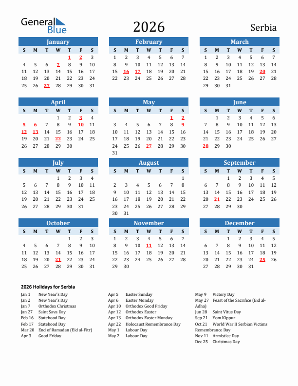 Printable Calendar 2026 with Serbia Holidays (Sunday Start)