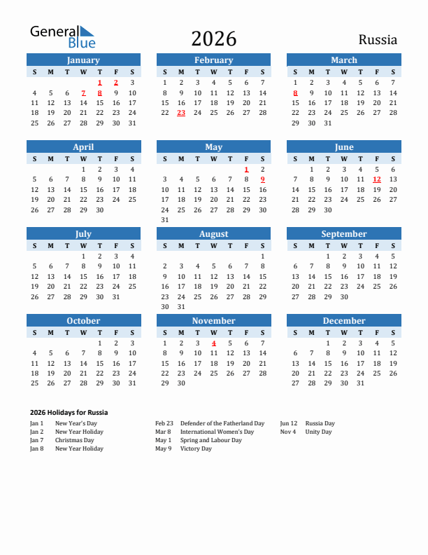 Printable Calendar 2026 with Russia Holidays (Sunday Start)