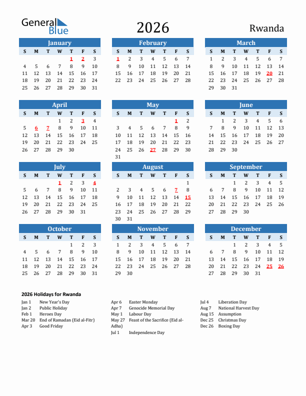 Printable Calendar 2026 with Rwanda Holidays (Sunday Start)