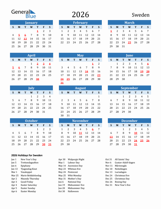 Printable Calendar 2026 with Sweden Holidays (Sunday Start)