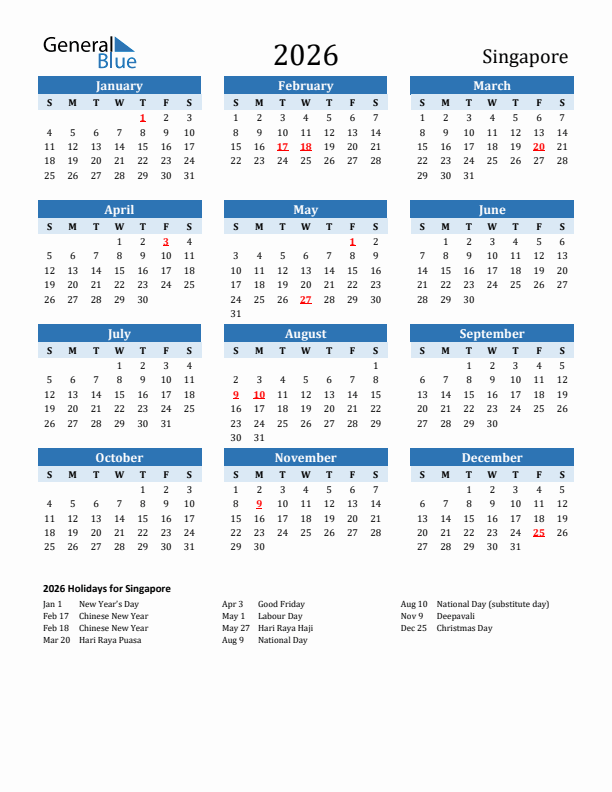 Printable Calendar 2026 with Singapore Holidays (Sunday Start)