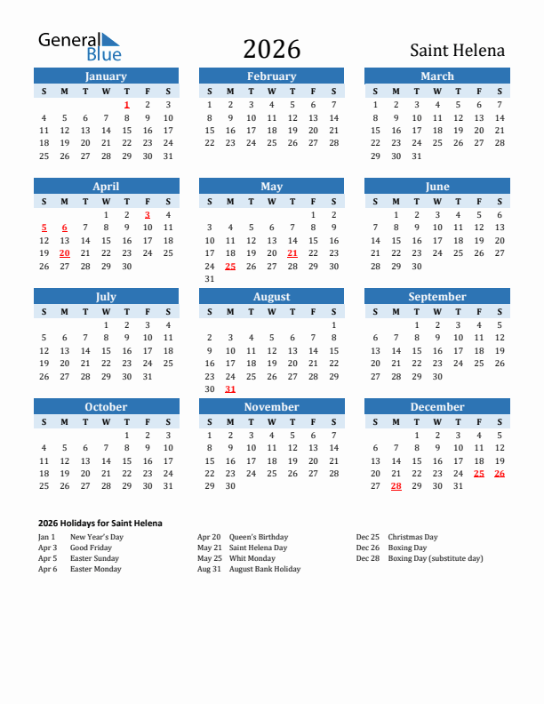 Printable Calendar 2026 with Saint Helena Holidays (Sunday Start)