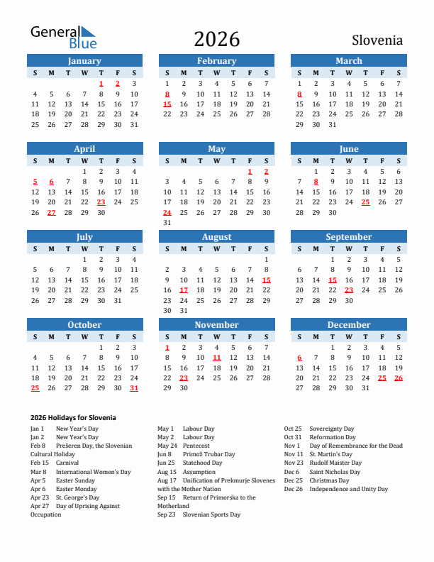 Printable Calendar 2026 with Slovenia Holidays (Sunday Start)