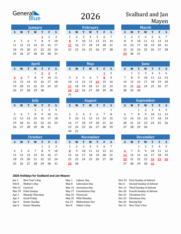 Printable Calendar 2026 with Svalbard and Jan Mayen Holidays (Sunday Start)