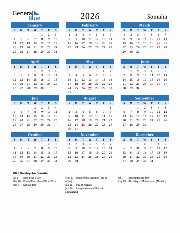 Printable Calendar 2026 with Somalia Holidays (Sunday Start)