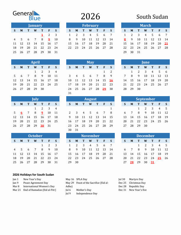 Printable Calendar 2026 with South Sudan Holidays (Sunday Start)