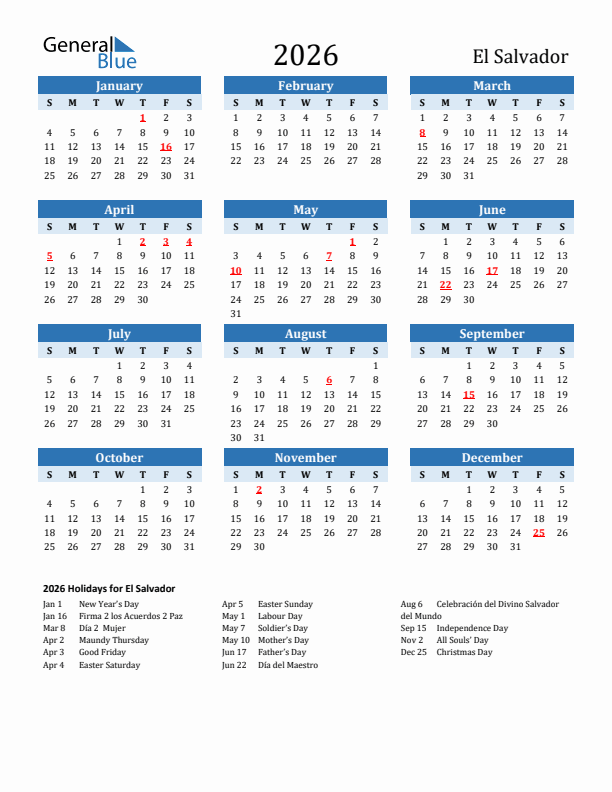 Printable Calendar 2026 with El Salvador Holidays (Sunday Start)