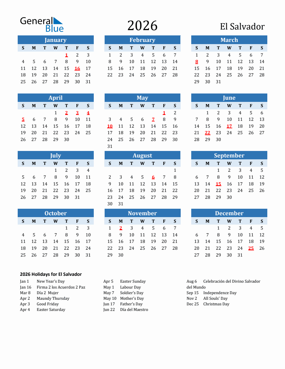 2026 Printable Calendar with El Salvador Holidays