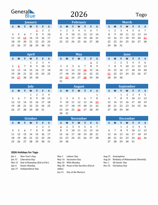 Printable Calendar 2026 with Togo Holidays (Sunday Start)