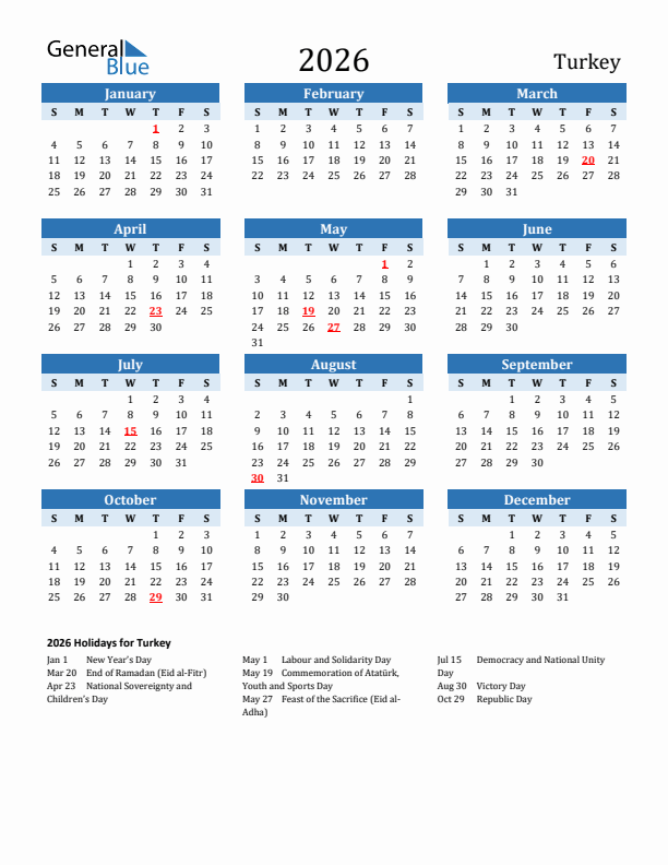 Printable Calendar 2026 with Turkey Holidays (Sunday Start)