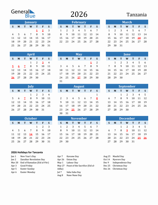Printable Calendar 2026 with Tanzania Holidays (Sunday Start)