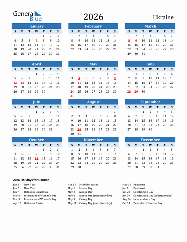 Printable Calendar 2026 with Ukraine Holidays (Sunday Start)