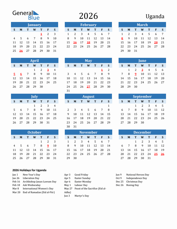 Printable Calendar 2026 with Uganda Holidays (Sunday Start)