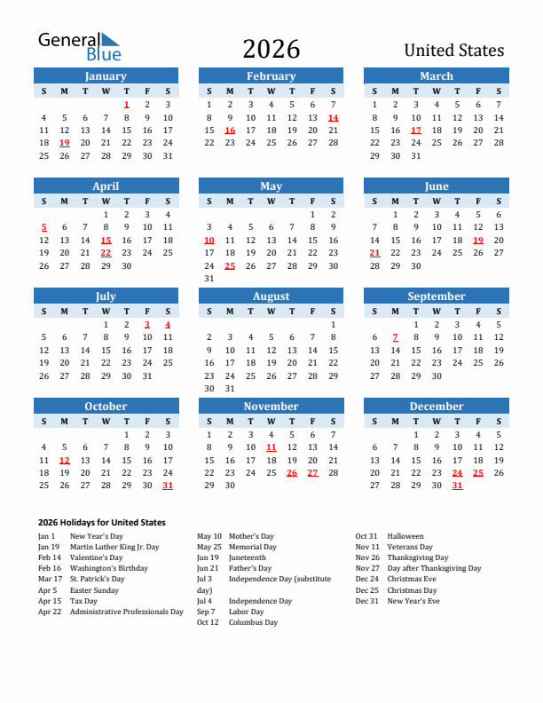 Printable Calendar 2026 with United States Holidays (Sunday Start)
