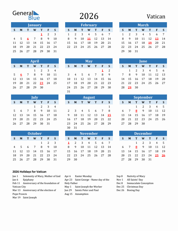 Printable Calendar 2026 with Vatican Holidays (Sunday Start)