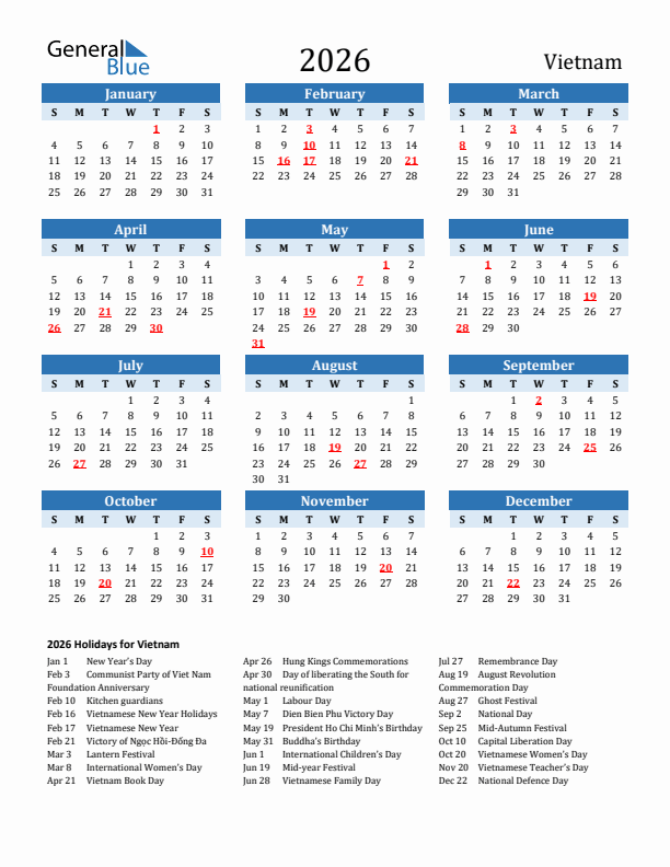Printable Calendar 2026 with Vietnam Holidays (Sunday Start)