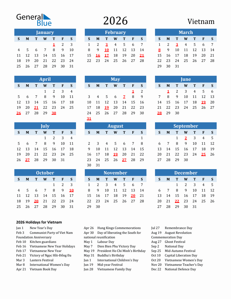 2026 Printable Calendar with Vietnam Holidays