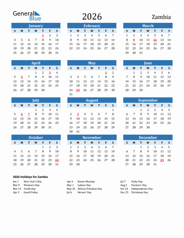 Printable Calendar 2026 with Zambia Holidays (Sunday Start)