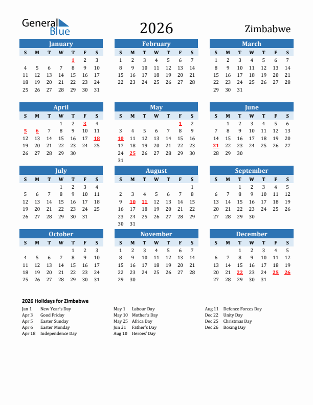 Printable Calendar 2026 with Zimbabwe Holidays (Sunday Start)