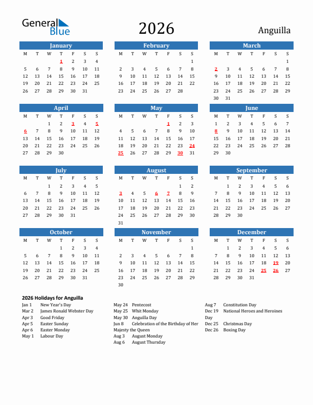 Anguilla 2026 Calendar with Holidays