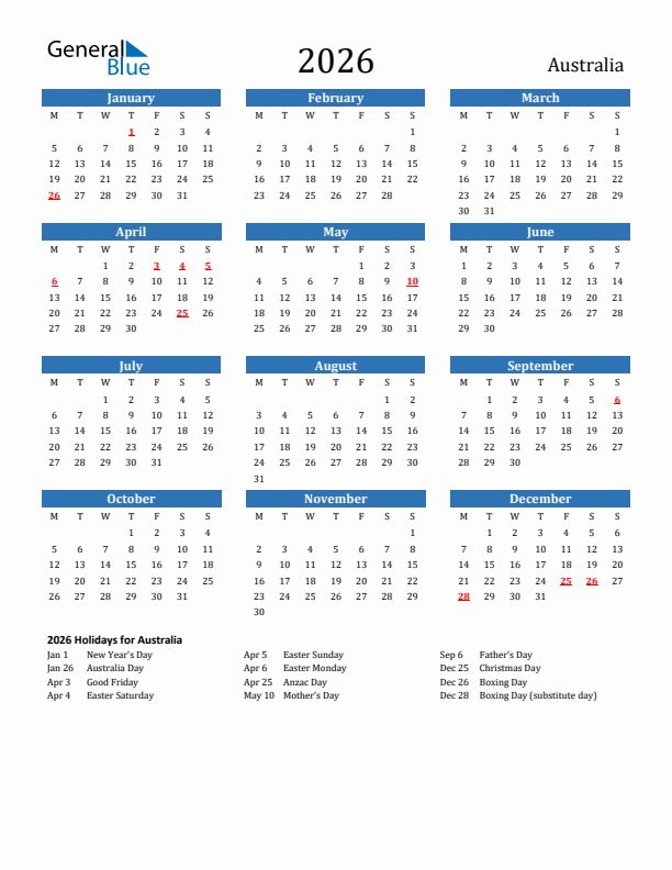 Australia 2026 Calendar with Holidays