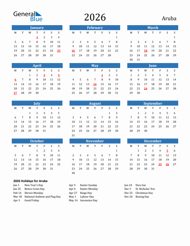 Aruba 2026 Calendar with Holidays
